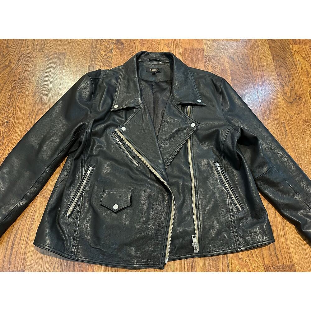 Quince Oversized 100% Leather Moto Jacket Black Women’s Size XL Chic - Picture 2 of 10